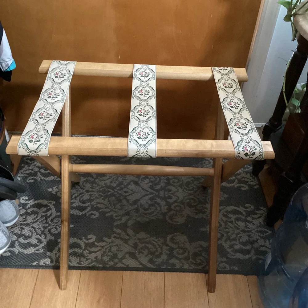 Vintage Wood Folding Luggage Rack Floral Tapestry Straps Natural Finish Stand
